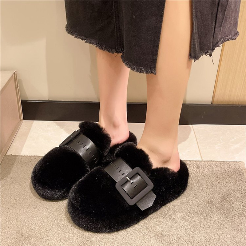 Women's Thick Bottom Plush Plush Slippers Outerwear Black - Shop at LoveMi