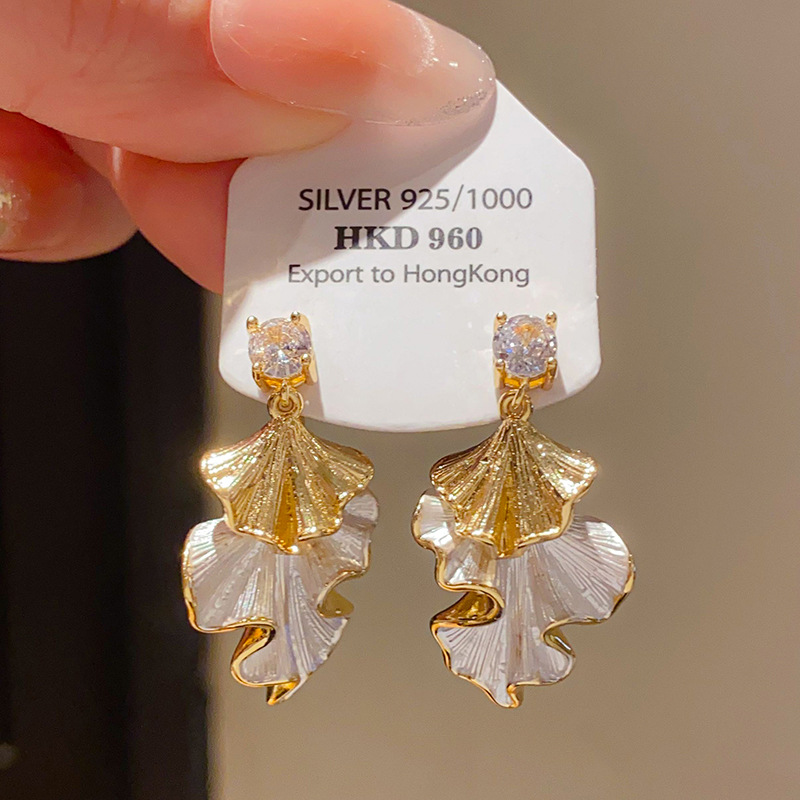 Sterling Silver Needle Leaf Shape Earrings For Women Elegant Cubic Zirconia Enamel Metal Two Tone