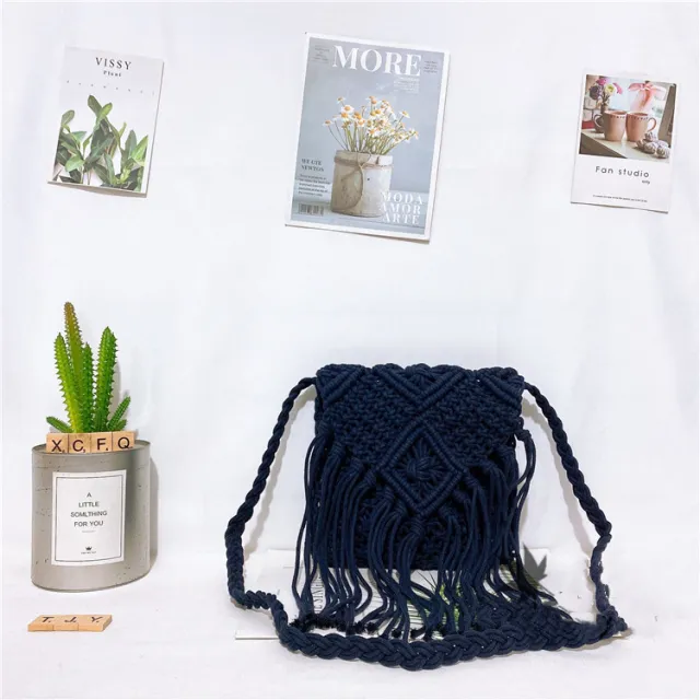 Cotton Thread Tassel Bag Woven Bag With Lid Blue - Shop at LoveMi