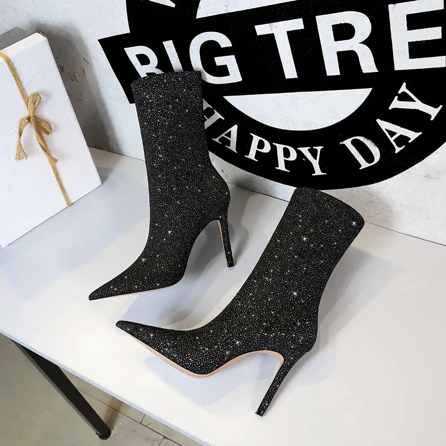 Shining Fabric Thin Skinnys Women's Stiletto High Heel Stretch Ankle Boots