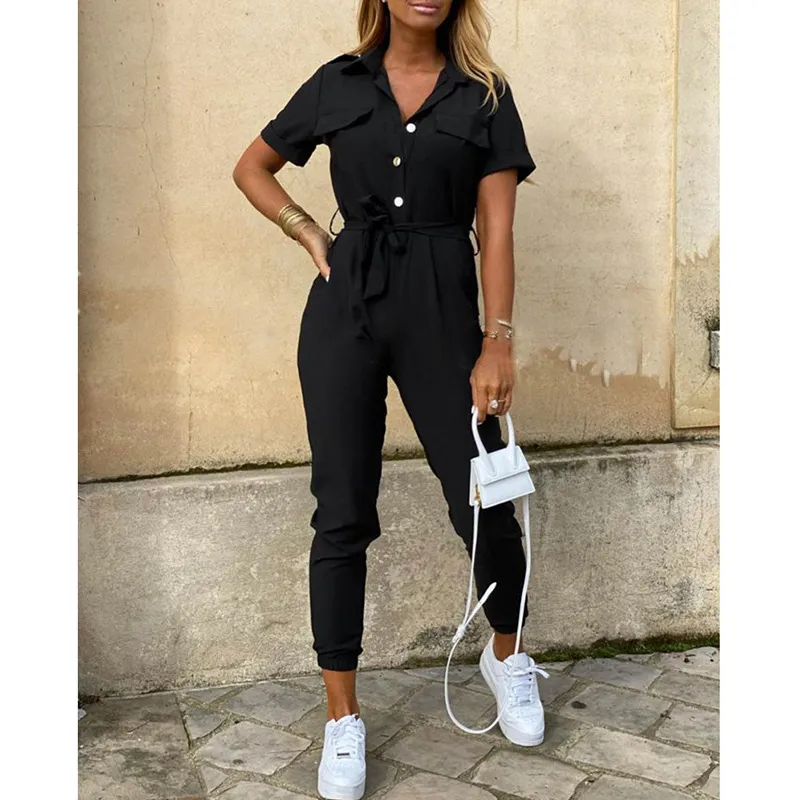 Casual Lapel Printed Belt Overalls - Black