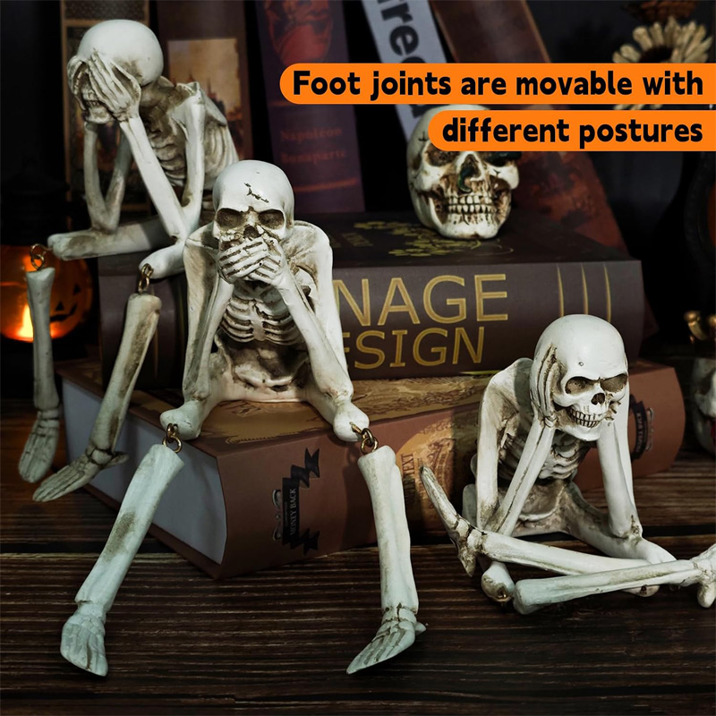 Halloween Skeleton Figurines Set Of 3, Resin See No Evil Hear No Evil Speak No Evil Skeleton Statues, Gothic Shelf Tabletop Mantel Indoor