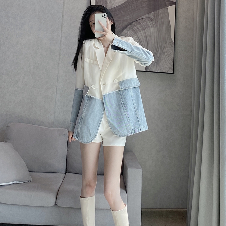 Women's Denim Stitching Suit Jacket Tops White - Shop at LoveMi
