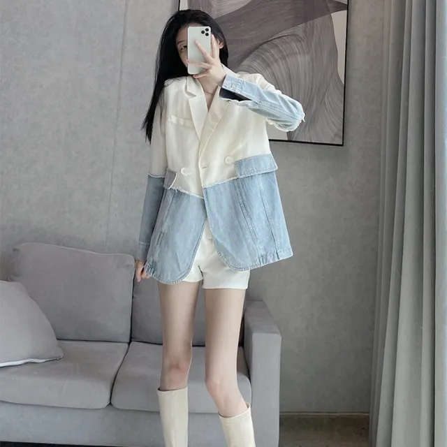 Women's Denim Stitching Suit Jacket Tops Blue And White - Shop at LoveMi