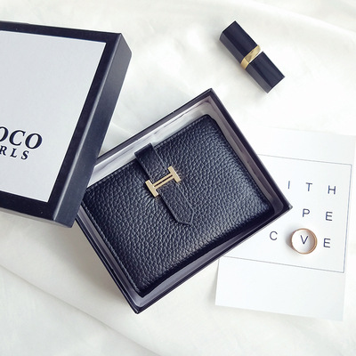 Small Wallet First Layer Cowhide H Drawstring Thin Section Black - Shop at LoveMi