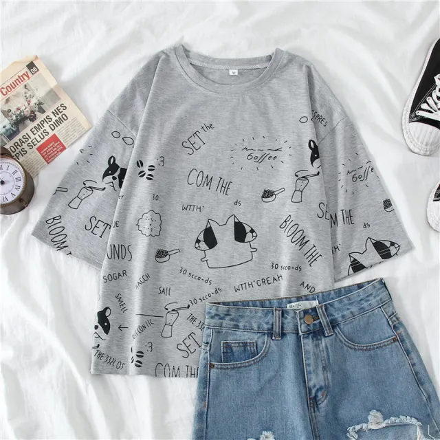 Cartoon Graffiti Print Cute Three quarter Sleeve Student Short Sleeve Light Gray B - Shop at LoveMi