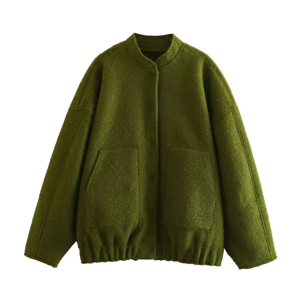 Standing Neck Loose Sleeved Pocket Jacket - Army Green