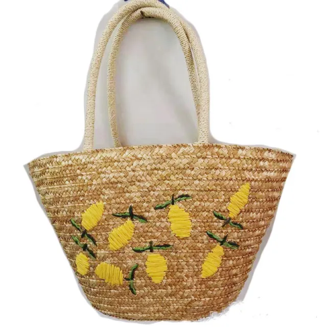Woven Embroidered Pattern Lemon Mango Tote Shoulder Bag Red - Shop at LoveMi