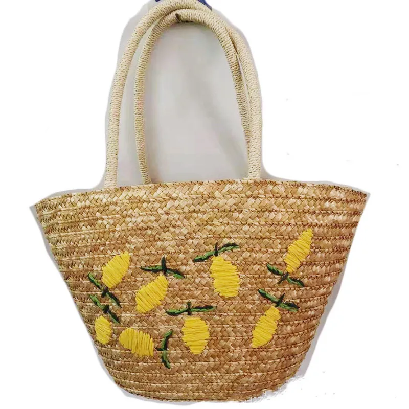 Woven Embroidered Pattern Lemon Mango Tote Shoulder Bag - Red