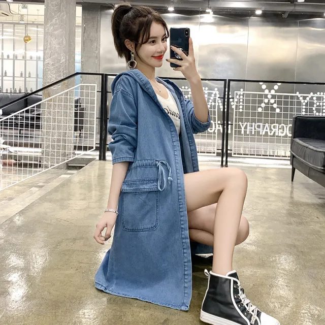 Women's Mid length Long sleeved Hooded Cardigan Trench Coat Blue - Shop at LoveMi