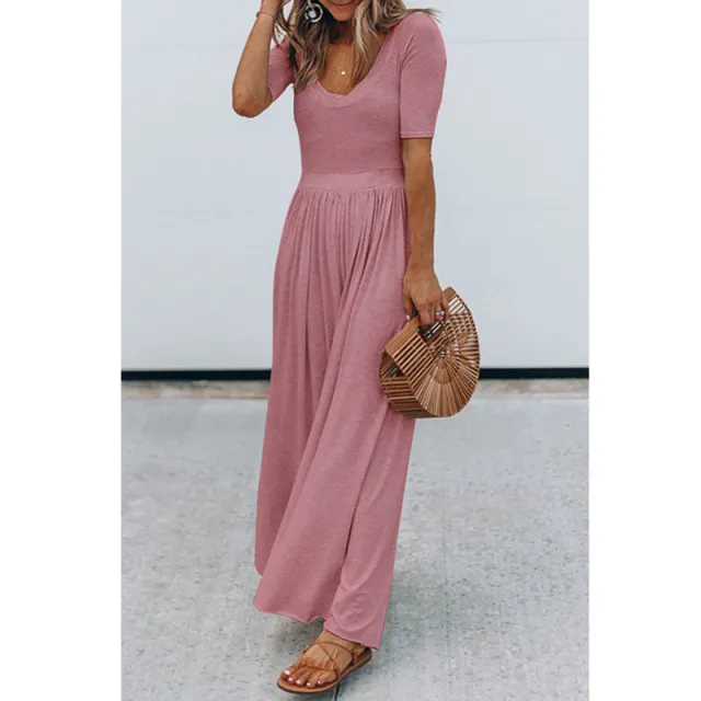 New Round Neck Short Sleeve Long Jumpsuit Pink - Shop at LoveMi