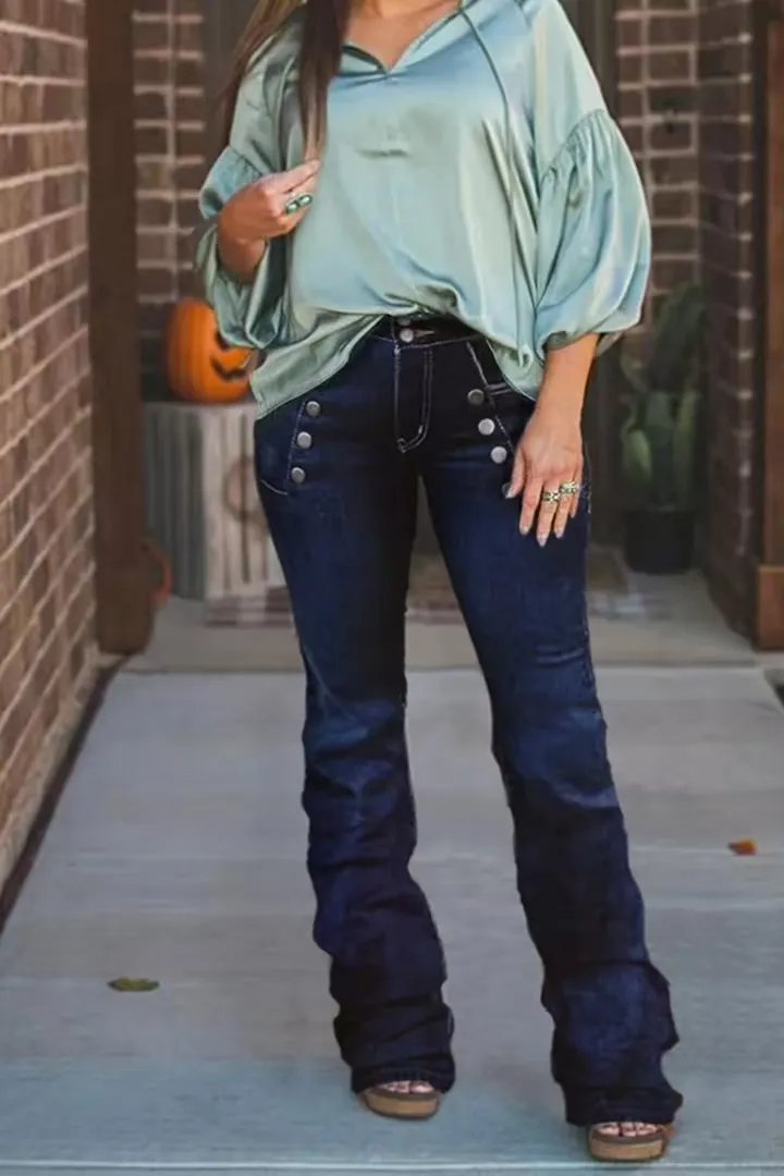 Women's High Waist Flare Jeans Western Cowboy Pants Fitted Below The Ankle With Metallic Buttons & Contrast Stitching For All Seasons Size6 - Shop at LoveMi