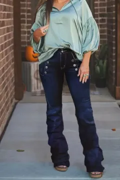 Women's High Waist Flare Jeans Western Cowboy Pants Fitted Below The Ankle With Metallic Buttons & Contrast Stitching For All Seasons - Size4 - View 1