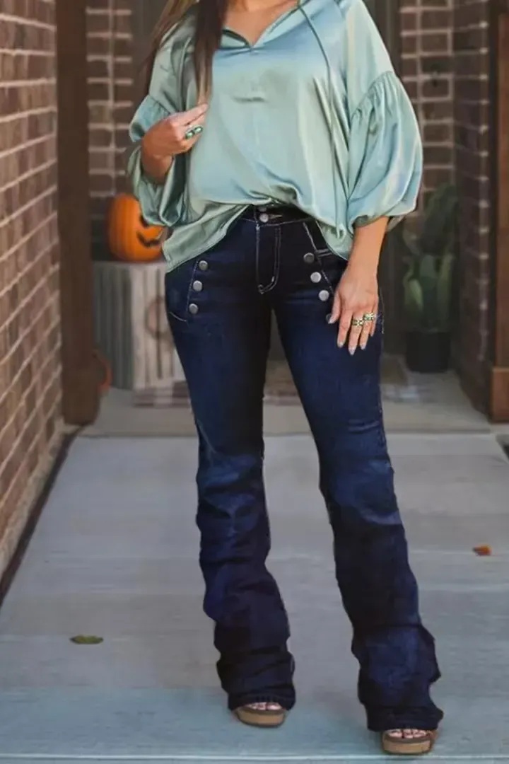 Women's High Waist Flare Jeans Western Cowboy Pants Fitted Below The Ankle With Metallic Buttons & Contrast Stitching For All Seasons - Size6