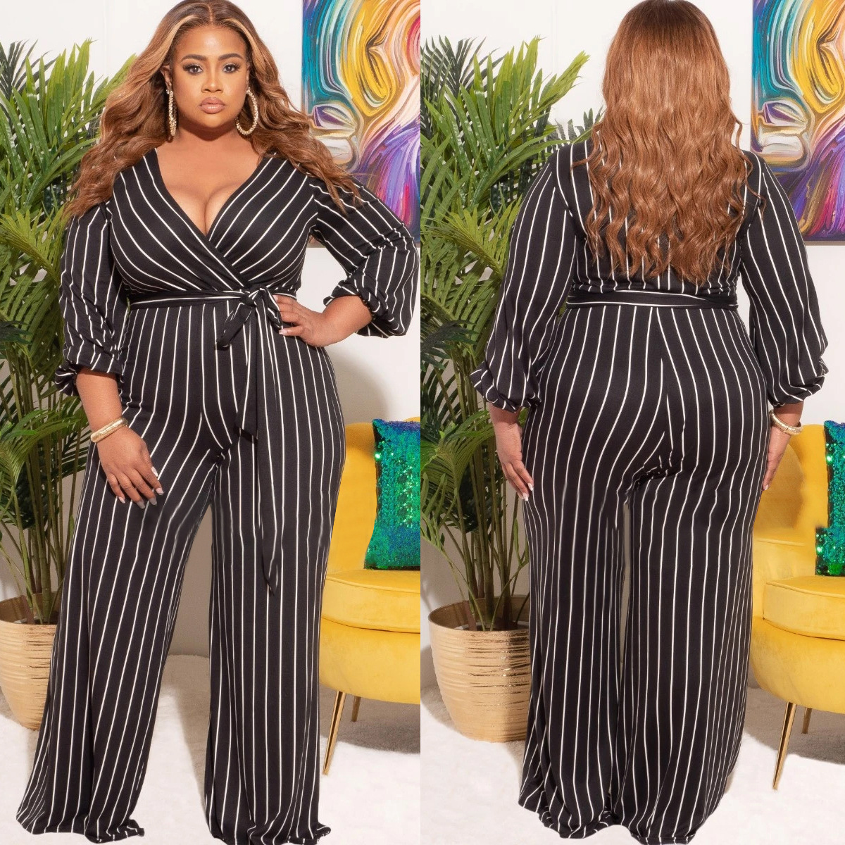 Women's Placement Print Striped Plus Size V-Neck Jumpsuit - Image 2