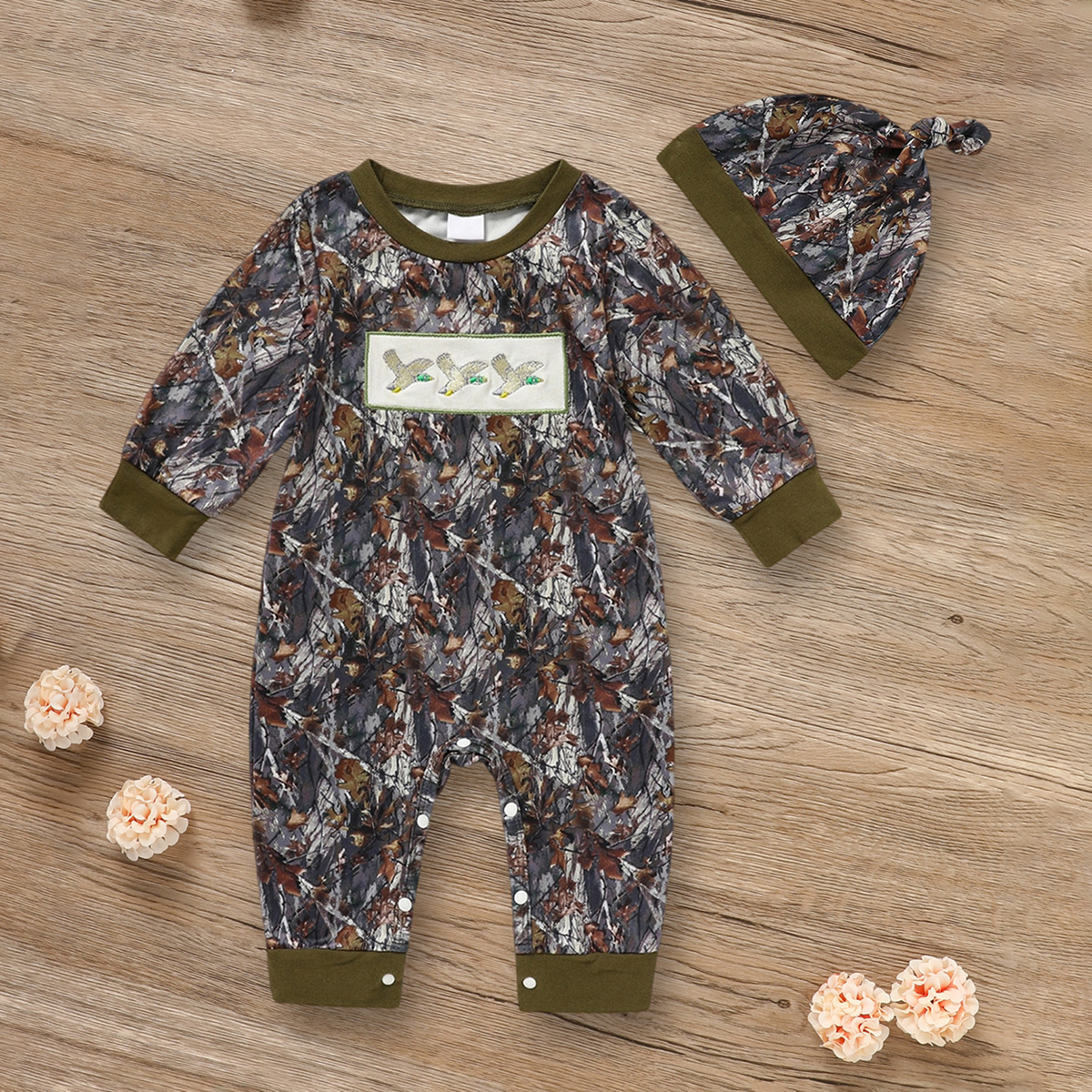 Newborn Baby Boy Outfits Long Sleeve Animal Print Romper & Hat 2Pcs Fall Winter Clothes Set — view 2