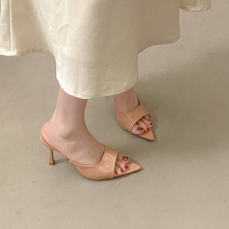 Women's Summer New Pointed Toe Stiletto Heel Sandals, Patent Leather Slip-On Heels