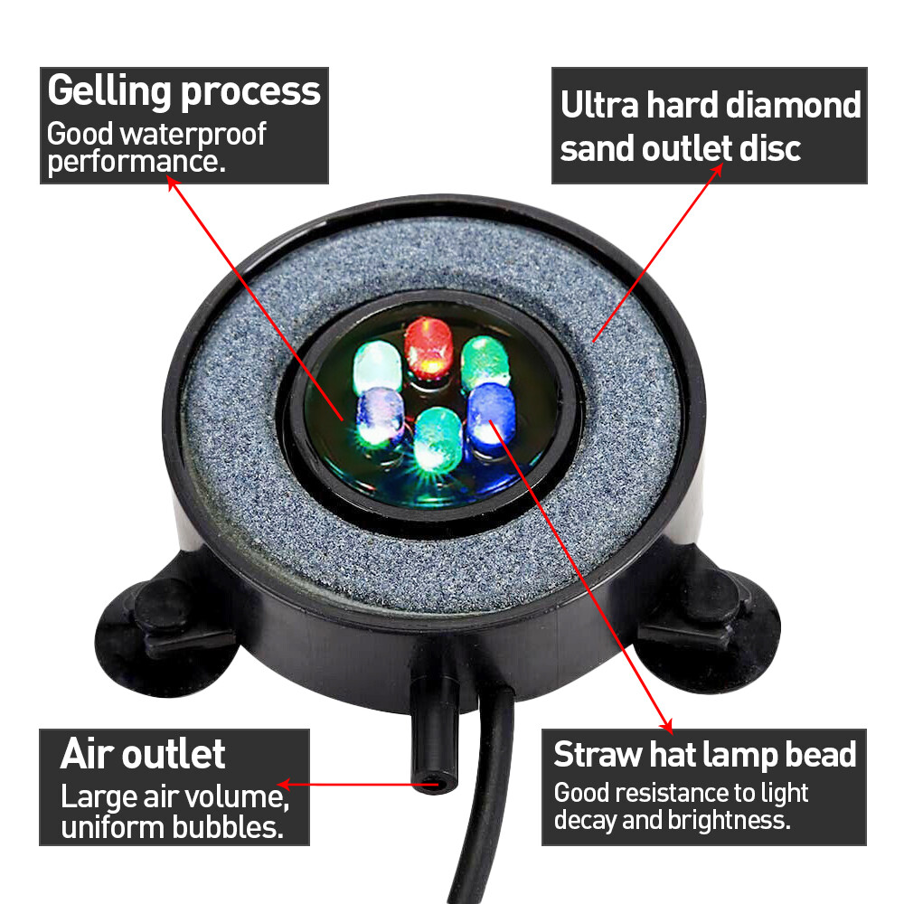 LED Aquarium Light Fish Tank Bubble Round Air Stone Disk Color Changing UK 6