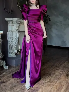 Elegant Puff Sleeve Pleated Slit Maxi Dress - Rose - View 1