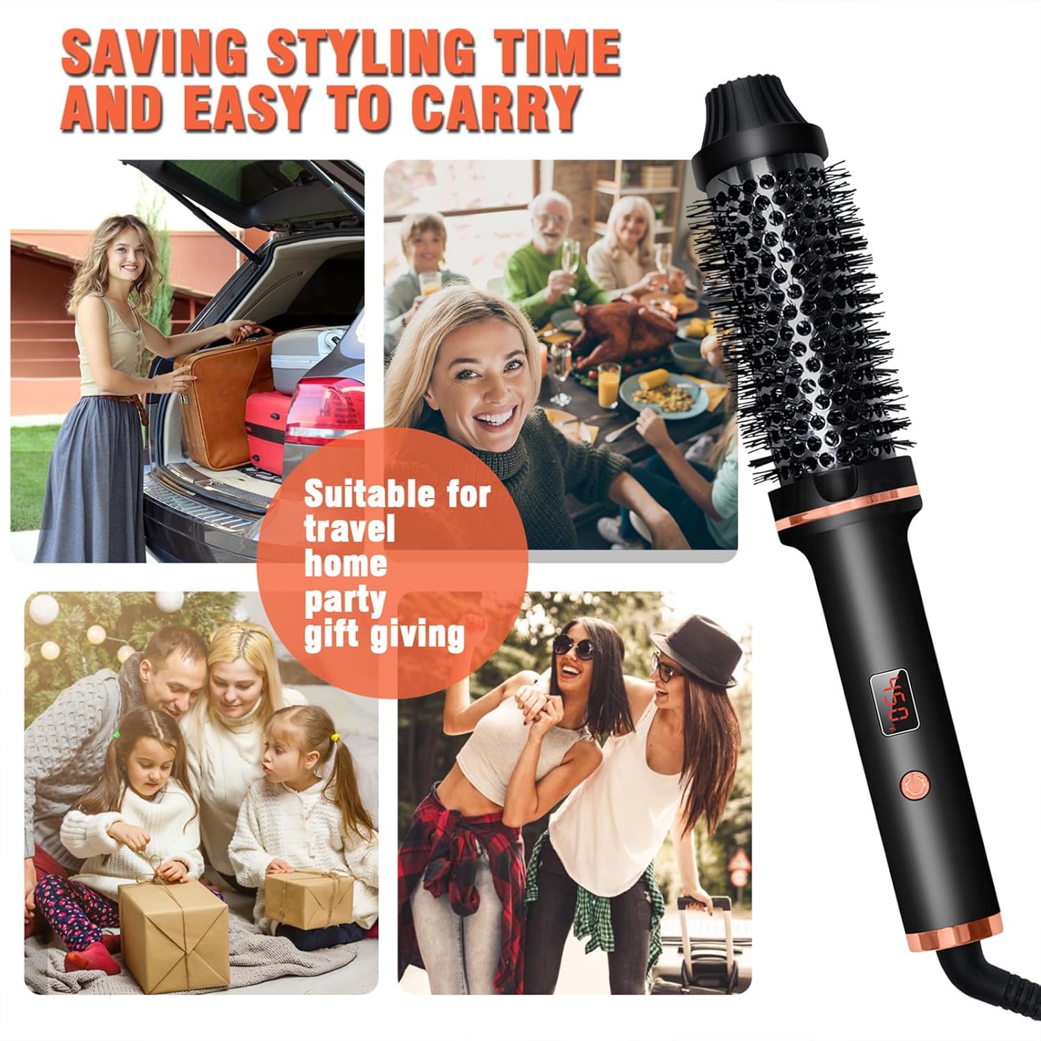 Thermal Brush 1.5 Inch Curling Iron Volumizing Brush Heated Round Brush Ceramic Tourmaline Ionic Curling Comb Dual Voltage Travel Curling Iron With, LCD Display, 10 Temperature Settings
