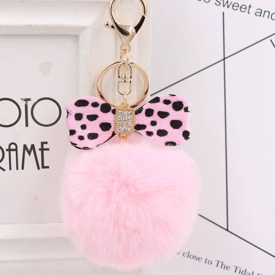 Leopard Bow Fur-Ball Schoolbag Pendant Key Chain – White