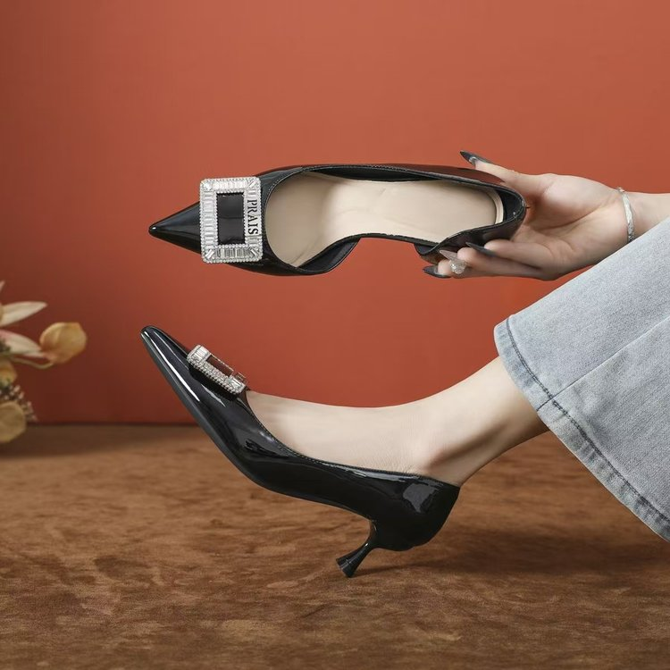 2026 Luxury French Rhinestone Square Buckle Pumps, Women's Elegant Versatile Pointed Toe Closed Toe Heels