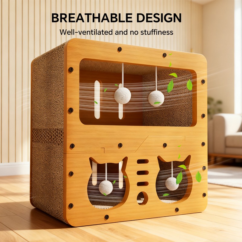 45cm Double Layer Double Cat Head Cat Scratcher Sofa, With 4 Teaser Balls, Wood -Corrugated Scratcher, Cat Claw Care & Resting Toy