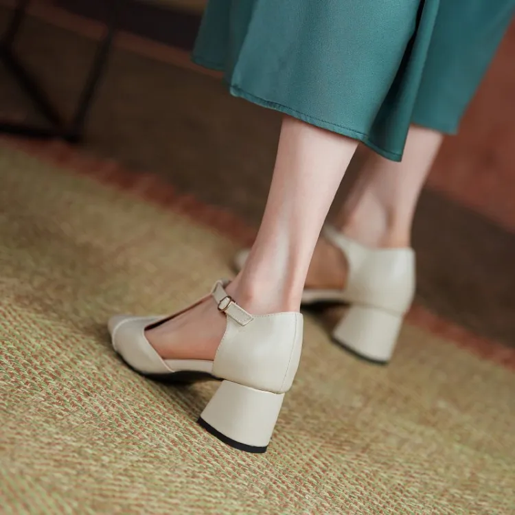 Sandals Ladies Chunky Heel T-buckle Hollow High Heel - White