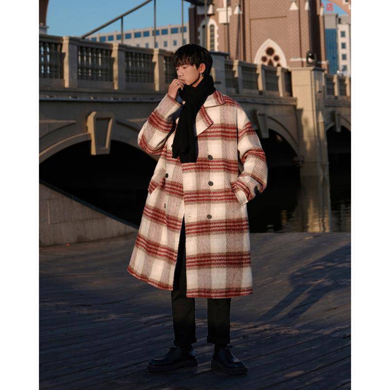 Men's Fashion Simple Medium-length Plaid Tweed Coat