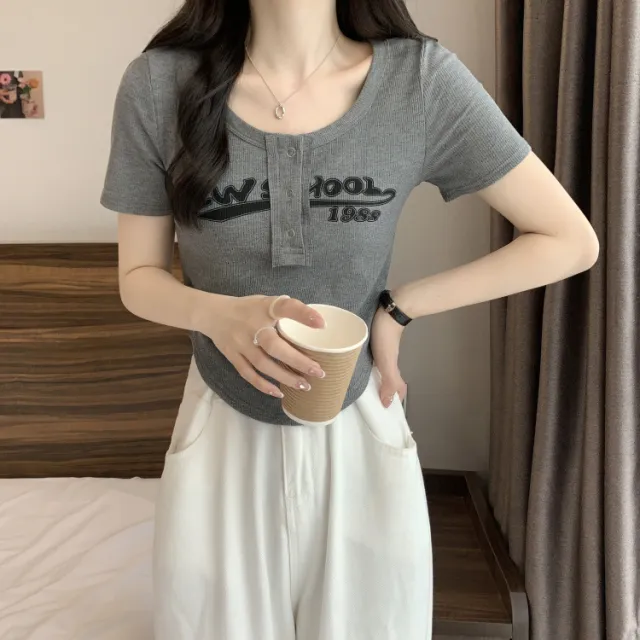 Design Sense Letter Printed Short Sleeve T shirt Dark Grey - Shop at LoveMi