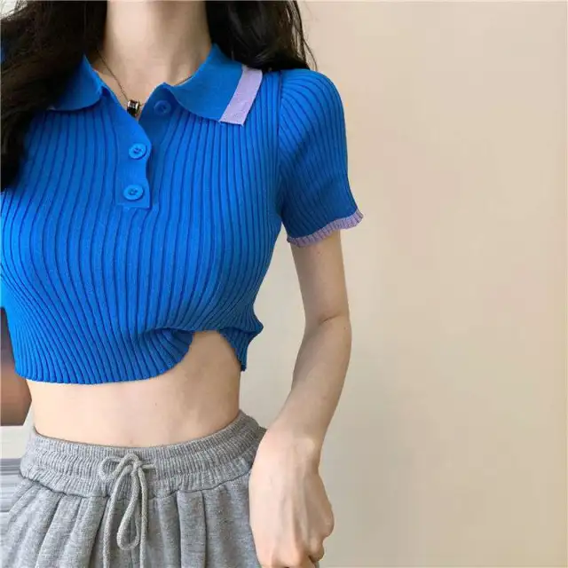 Ice Silk Knit Short High waist Crop Top Blue - Shop at LoveMi