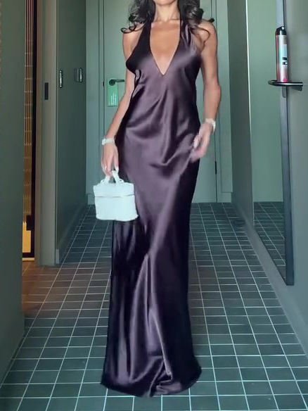 Deep Burgundy Satin Halter Open Back Maxi Dress Picture Color S - Shop at LoveMi