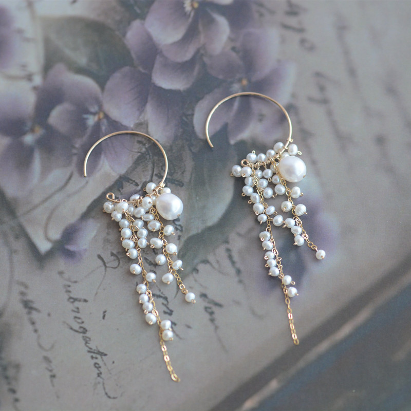 Title 1, Round Wisteria Beaded Natural Water Pearl Earrings