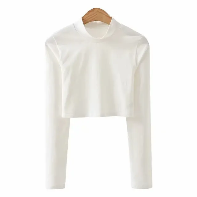 Collar Long Sleeve Short Slim Navel T shirt White - Shop at LoveMi