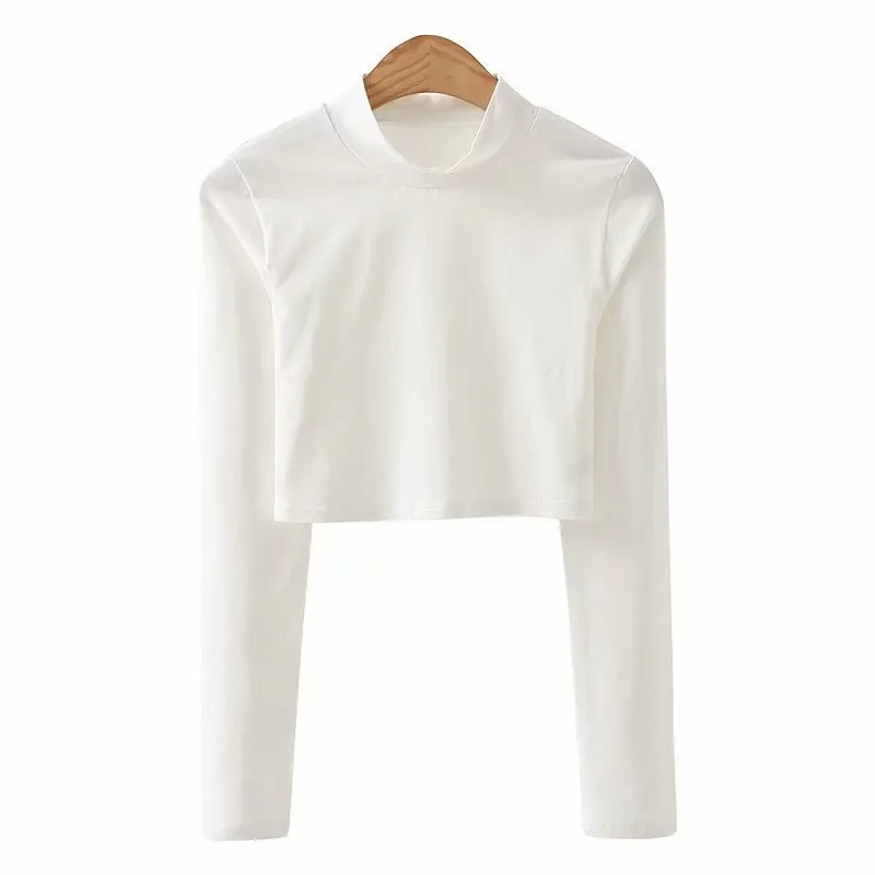 Collar Long Sleeve Short Slim Navel T-shirt - White