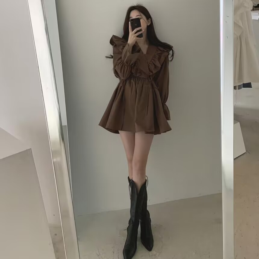 Retro V-neck Cross Ruffled Tied Dress