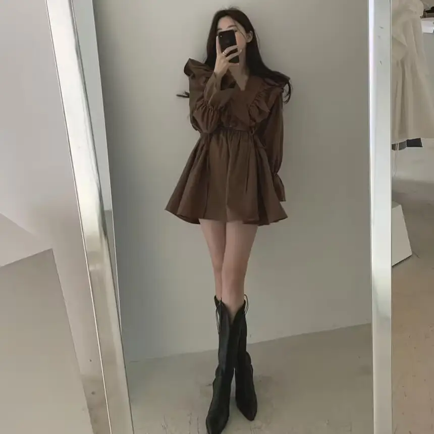 Retro V-neck Cross Ruffled Tied Dress