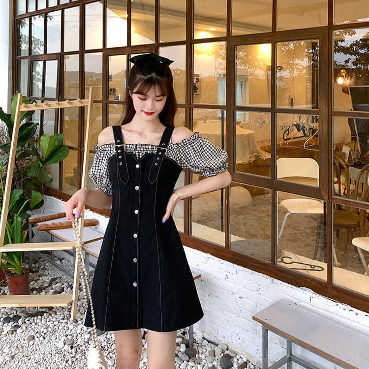 French Western Style Word Collar Puff Sleeve Dress