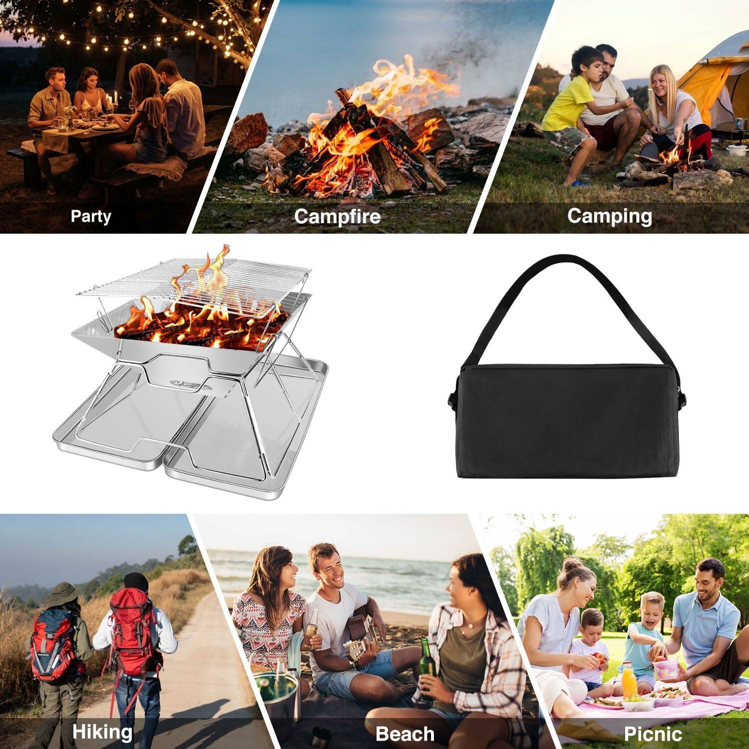 Portable Folding Fire Pit Grill With Ash Box, 6Piece 430 304 Stainless Steel