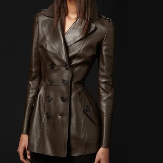 Mid length Leather Wind Coat Women's Large Swing Coat Brown - Shop at LoveMi