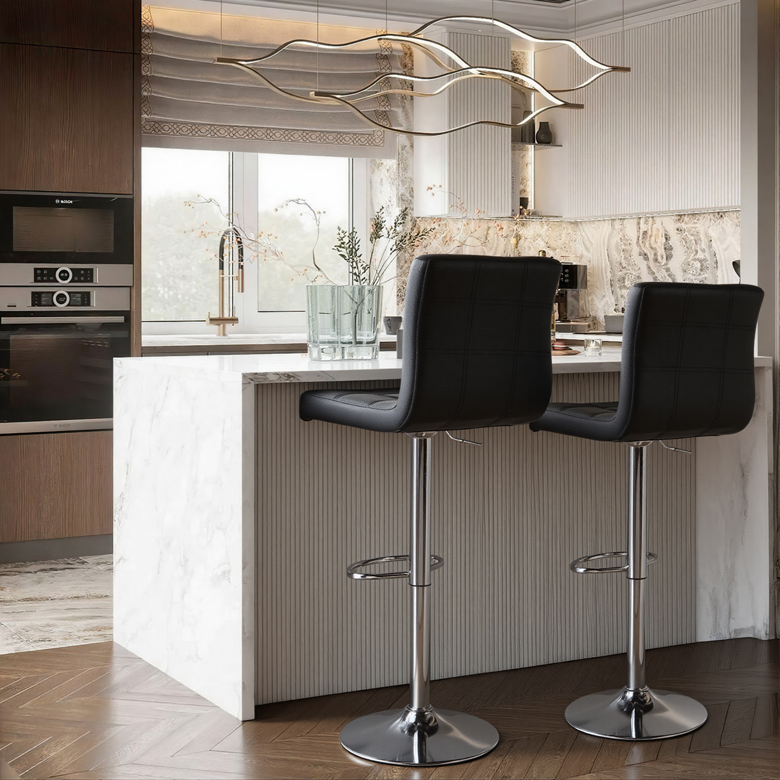 A Set Of 2 Bar Stools, PU Leather Height Rotatable Kitchen Stool, With Backrest — image 7
