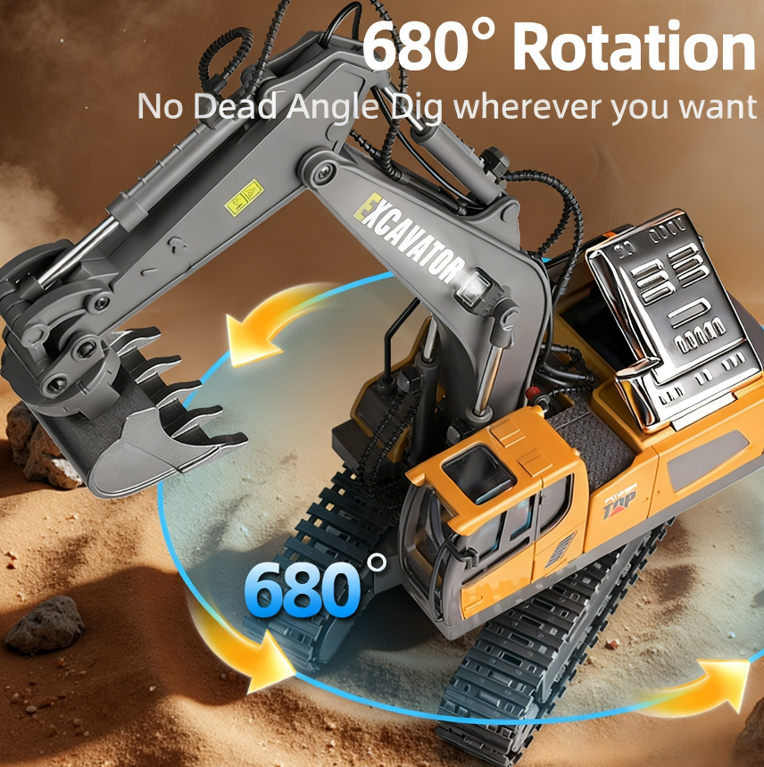 Three-in-one Aluminum Alloy Toy Excavator, 13 Channels, Comes With Three Replacement Heads. 1 24 High-reduction Simulation, LED Lights, Realistic Sound Effects, Can Run For 25-30 Minutes