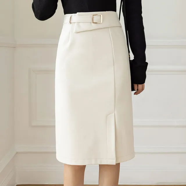 Irregular Skirt Woolen Slit Pack Hip Apricot - Shop at LoveMi