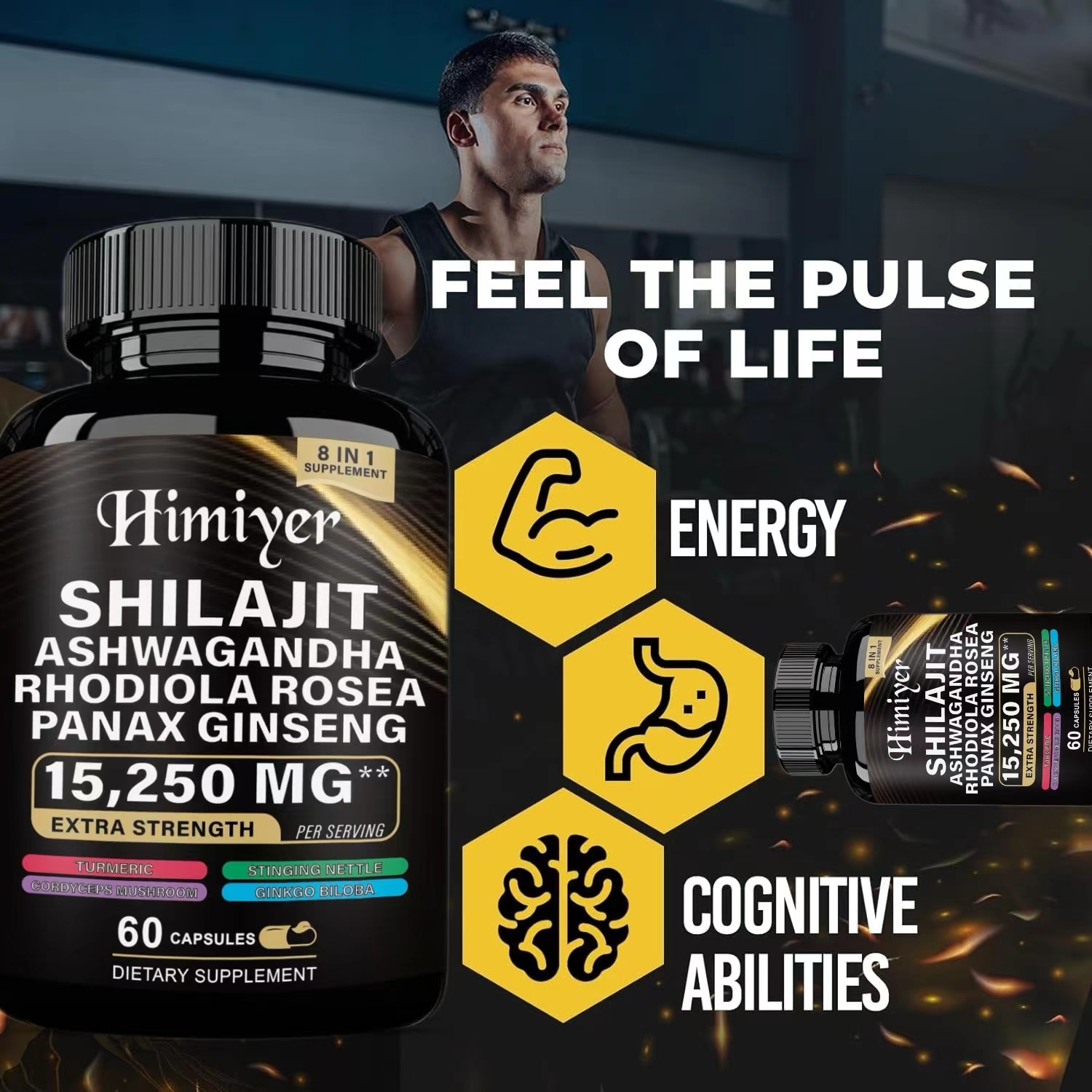 Multi-Herbal Energy Boost Supplement Capsules - 60 count - Introducing our revolutionary Nature's Synergy Formula, a comprehensive combination of Shilajit Pure Himalayan, Ashwagandha, Rhodiola Rosea, Panax Ginseng, Gingko Biloba, enriched with 8 potent in