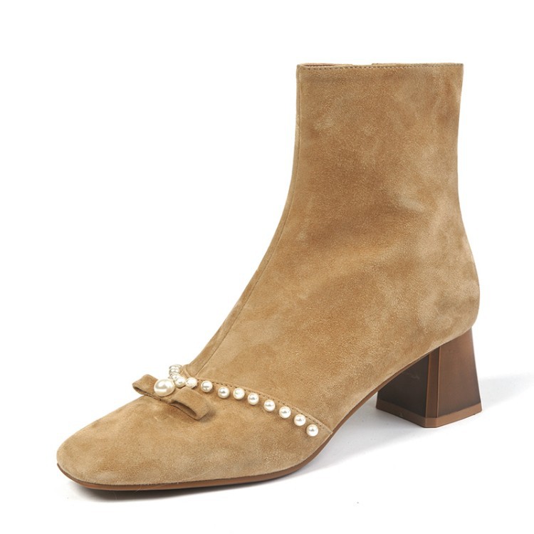Thick Heel Round Head Pearl Bow Knot Side Zipper Short Boots Mid Heel