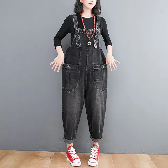 Women's Literary And Artistic Denim Overalls Retro Plus Size Loose Black - Shop at LoveMi