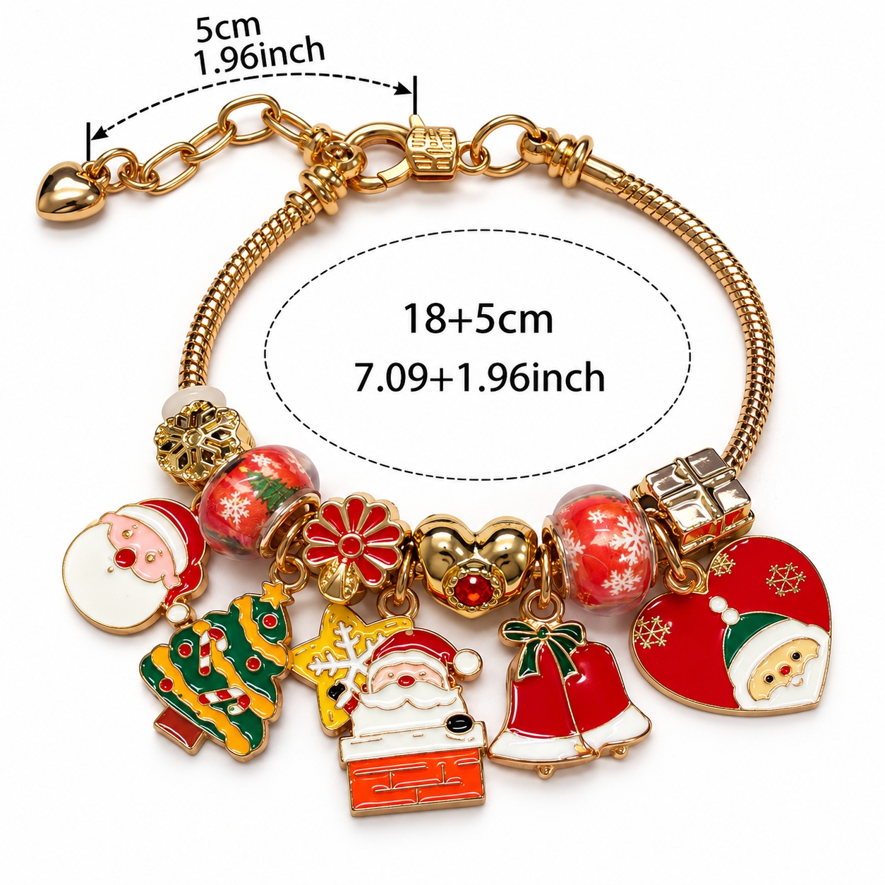 1buc Cute Christmas Charm Bracelet Gold Snake Chain Enamel Santa Claus Tree Bells Glass Beads Holiday Xmas Jewelry Gift For Women