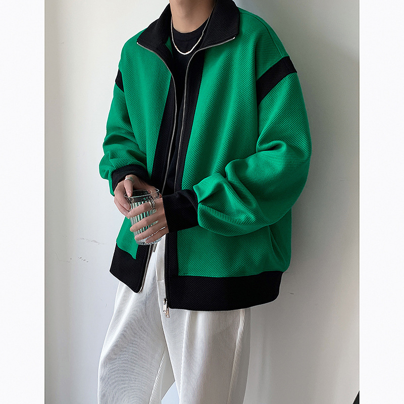 Color Contrast Stitching Double Zipper Men's Sports Suit Youth Hoodie Two-piece Set