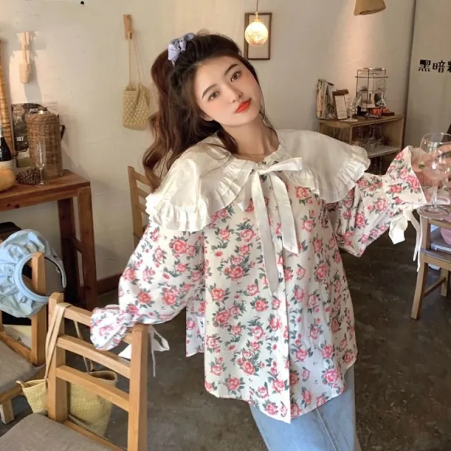Women's Floral Long sleeved Doll Collar Shirt White - Shop at LoveMi