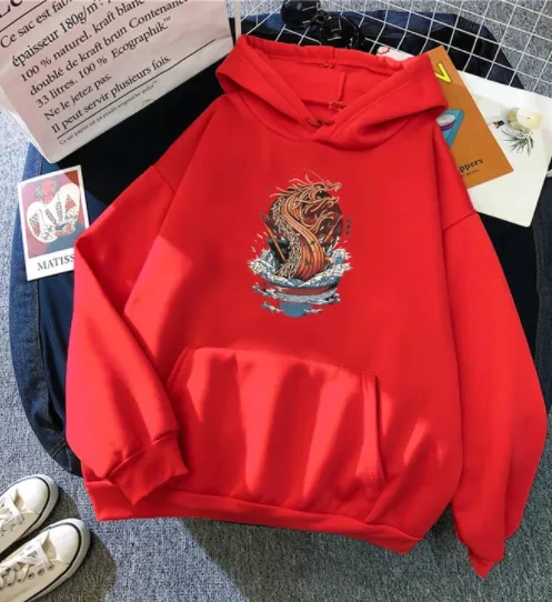 Hedging Creative Personality Printing Pattern Hooded Sweater Red - Shop at LoveMi